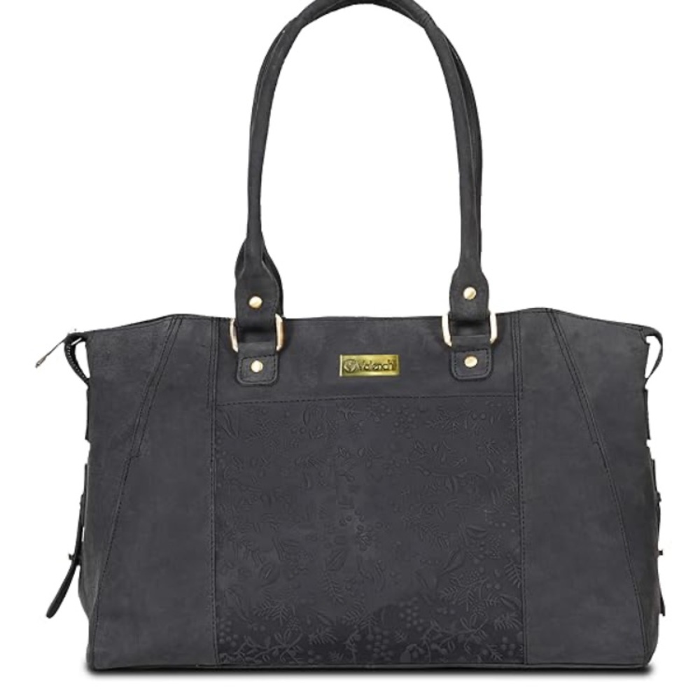 VALENCHI Genuine Black Oily Hunter Leather Tote Bag Floral Embossed Design NEW
